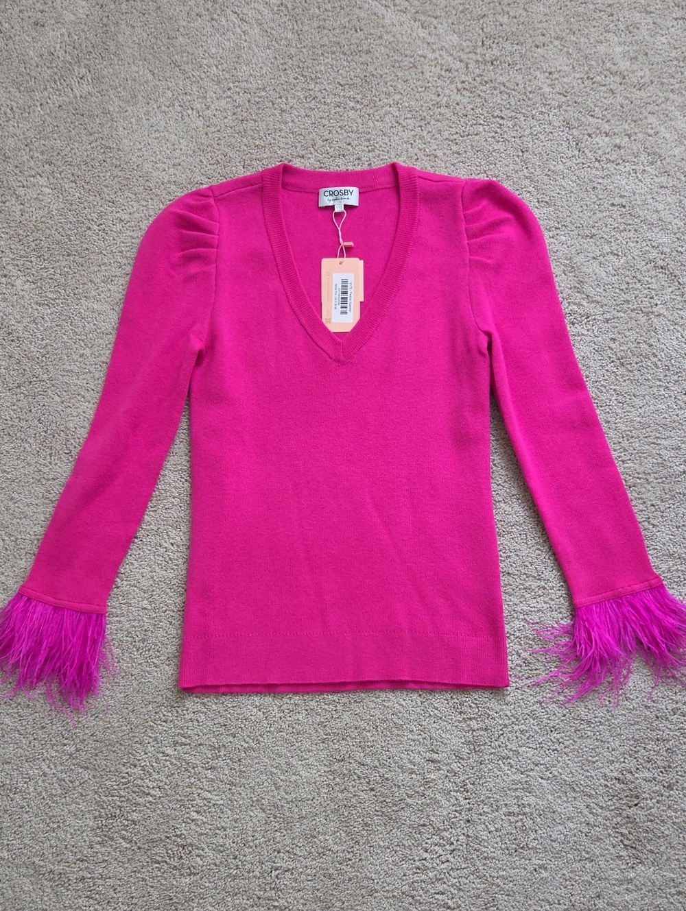 CROSBY by Mollie Burch Hot Pink V-Neck Feather Cuff Sweater
